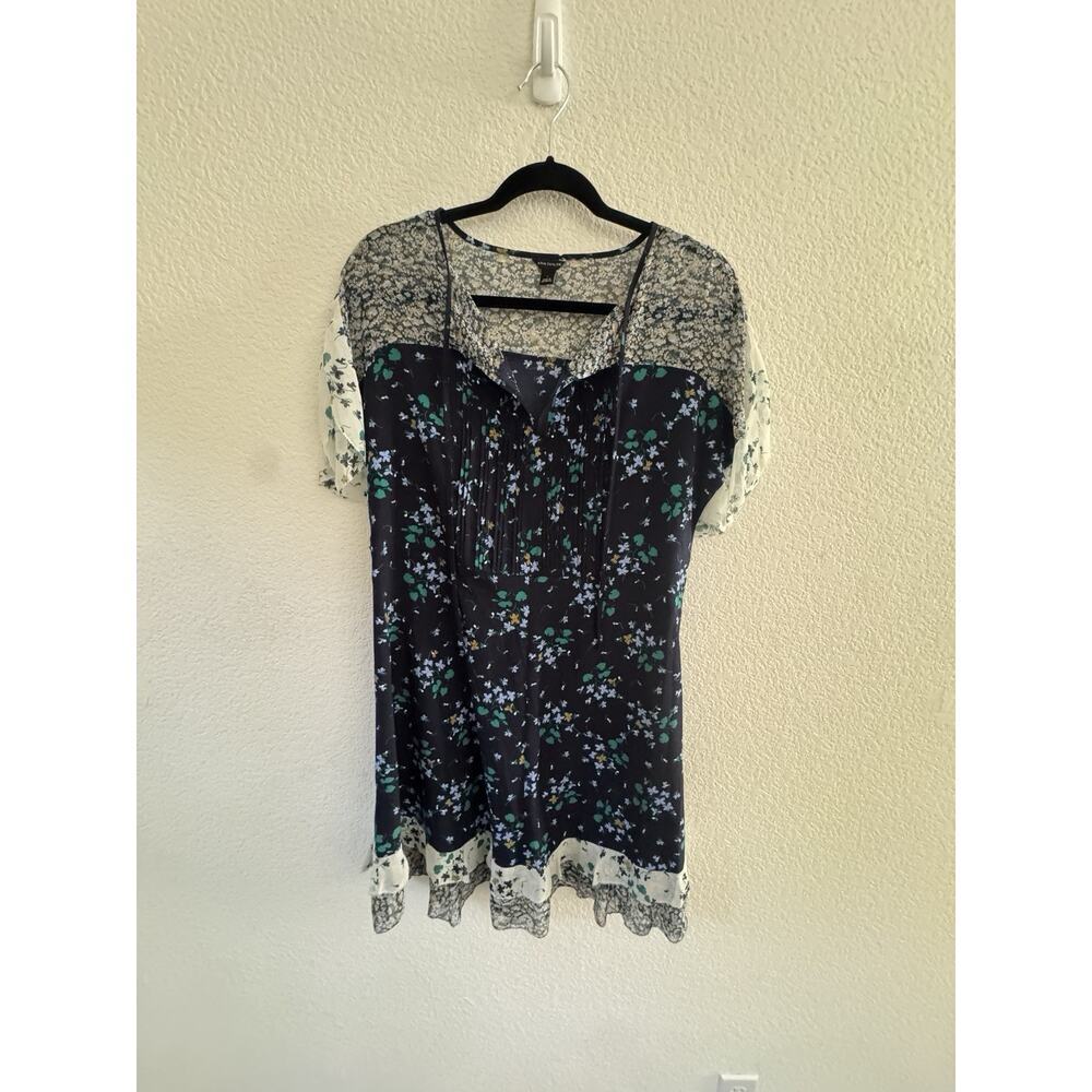 Ann Taylor Navy Blue Floral Print Tie Waist Flounce Dress Night Sky Size 4